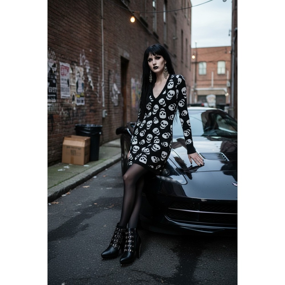 Sourpuss Womens Black White Skull Knit Long Sleeve V-Neck Mini Sweater Dress M